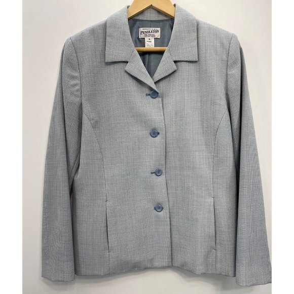Pendleton Coat Blazer Wool Houndstooth Old Money Pockets Blue White Womens 14 - Picture 2 of 11